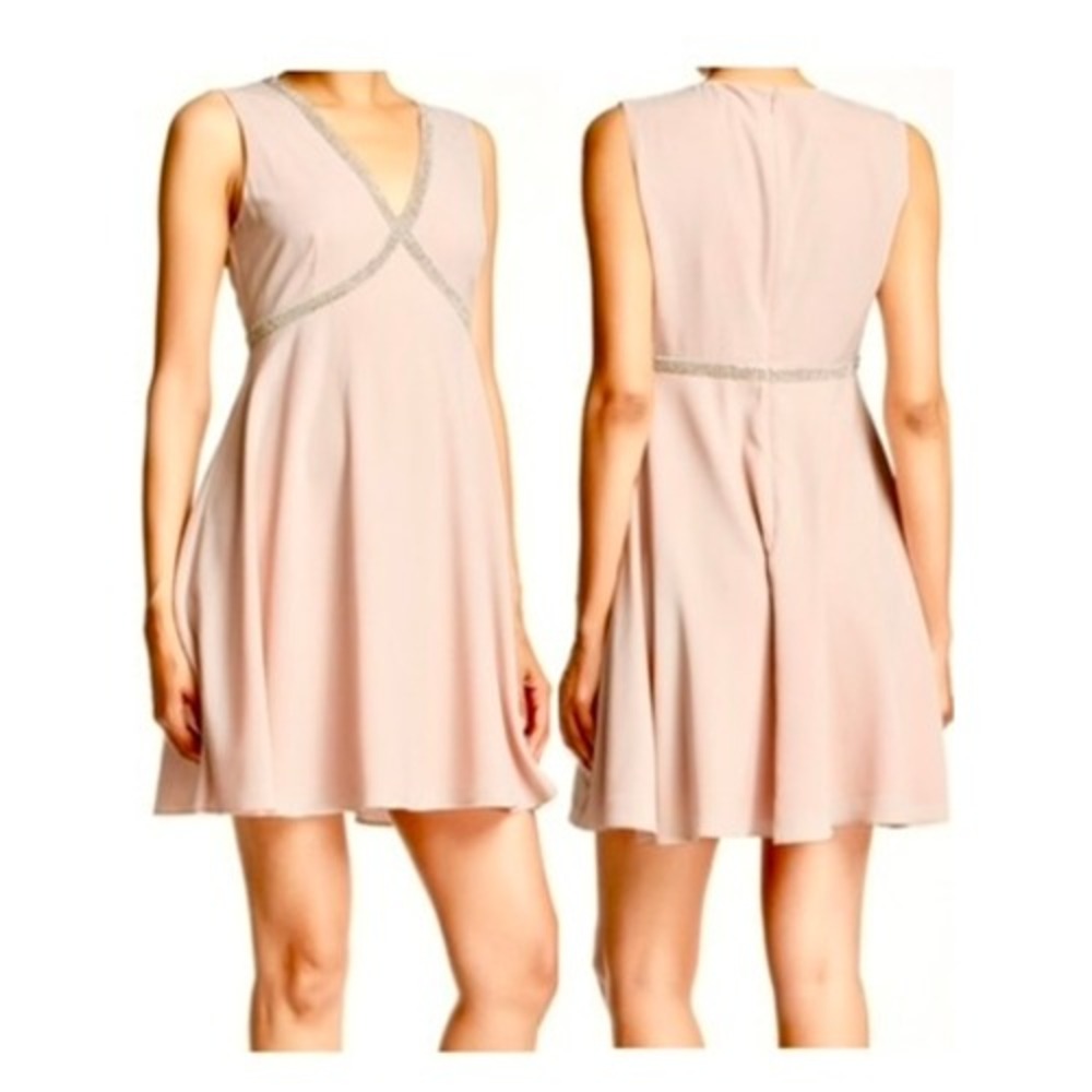 Ted Baker Caylin Blush Pink Rhinestone Embellished V-Neck Fit Flare Dress 0 US 2